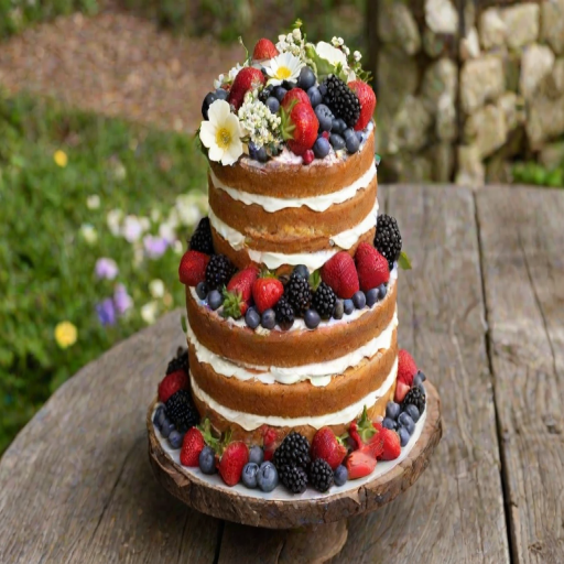 Create a three-tiered naked cake decorated with fresh berries and edible flowers. The bottom layer is larger and gradually gets smaller towards the top. Use strawberries, blueberries, blackberries, and white roses for decoration. Place the cake on a decorative glass stand, set against a rustic outdoor background with a wooden table.