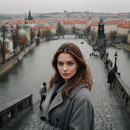 cinematic photo from above, waist up shot, sharp focus, a beautiful woman in foreground, in Prague, at the Charles Bridge, river in background, overcast rainy day, wearing long grey wool coat, warm rich color palette