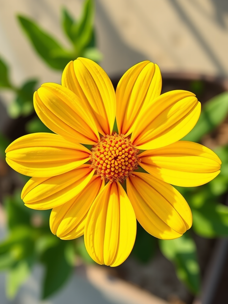 create an image of a stylized flower with a yellow petal design and an orange center, using a DSLR camera, aperture f/2.8, shutter speed 1/125s, ISO 100, top-down view, bright lighting, high saturation, digital illustration style