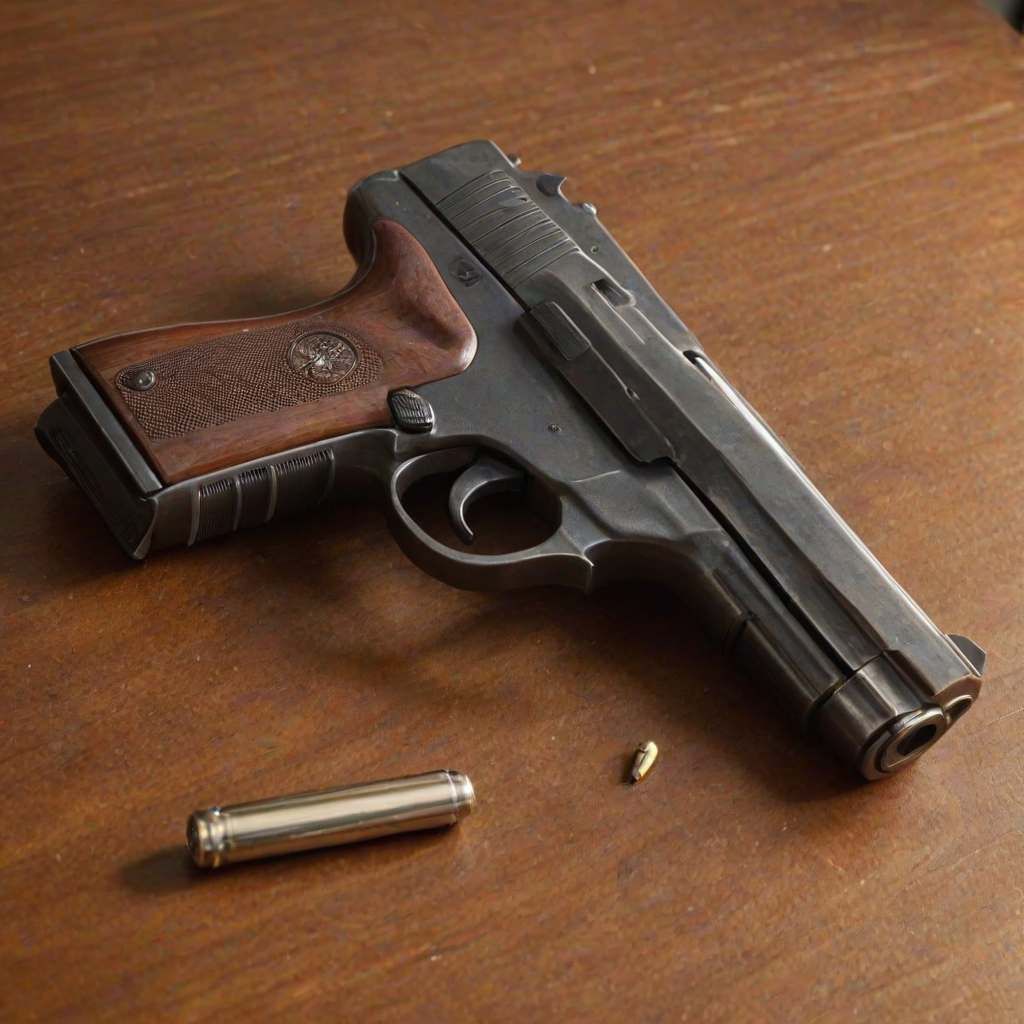 shiny skin, handgun resting on desk , mature, adult"