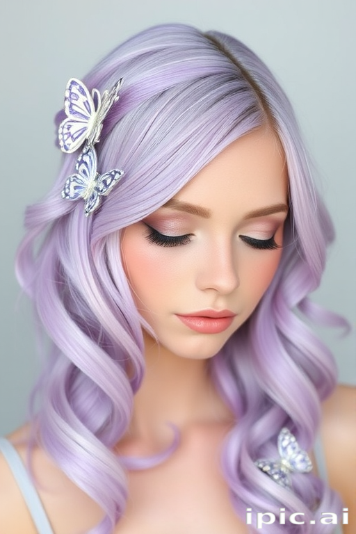 Pastel lavender waves arranged in the "Whimsical Whisper" style flow gently around her face, adorned with delicate butterfly clips and shimmering pearl accents throughout