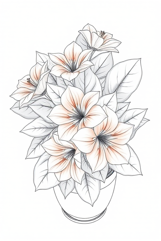 Create a detailed line drawing of a potted plant with large, vibrant flowers and broad leaves, captured with a Canon EOS 5D Mark IV at f/8, ISO 100, 50mm lens, top-down view, natural lighting to enhance clarity and depth.