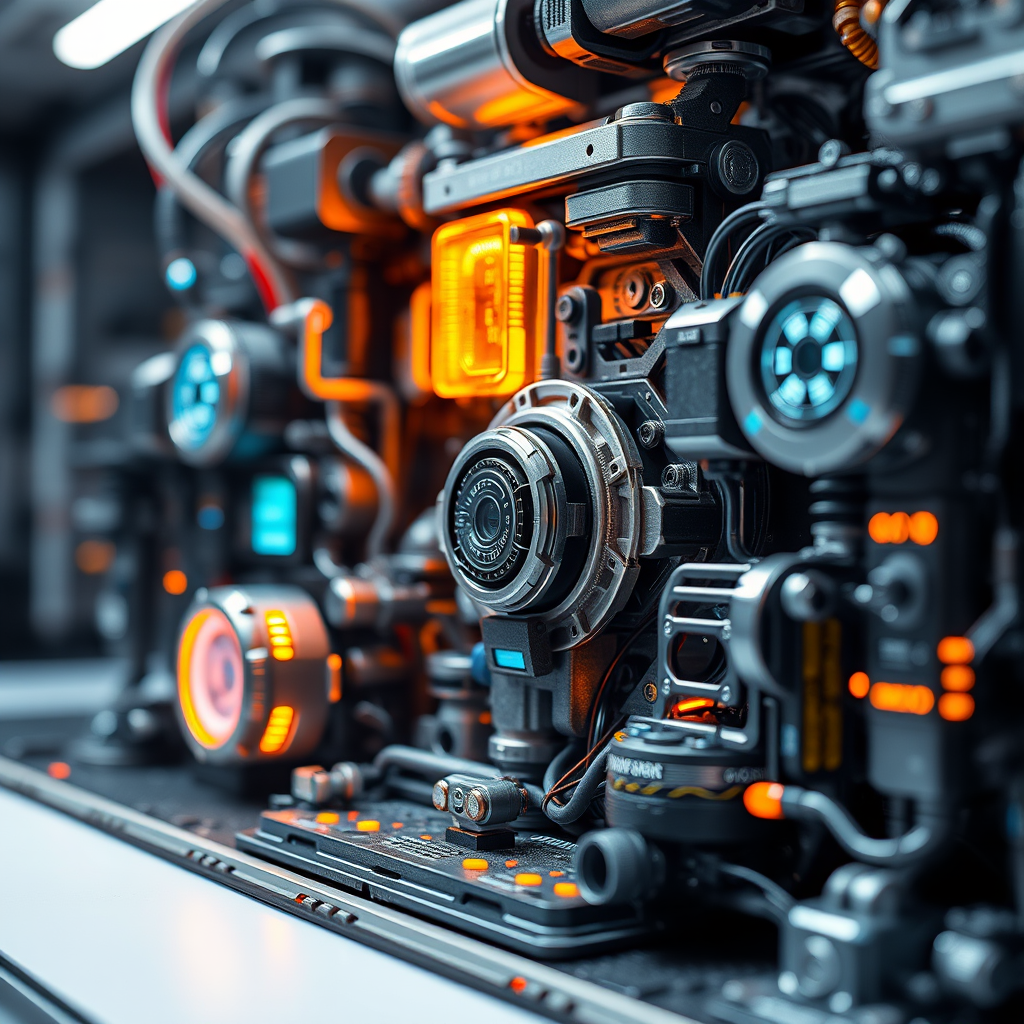 Create an ultra-detailed futuristic technology scene featuring intricate mechanical components and glowing digital elements with a focus on depth, using a DSLR camera with a 50mm lens at f/1.8, ISO 100, and a macro setting, in a well-lit studio environment with a softbox for even lighting.