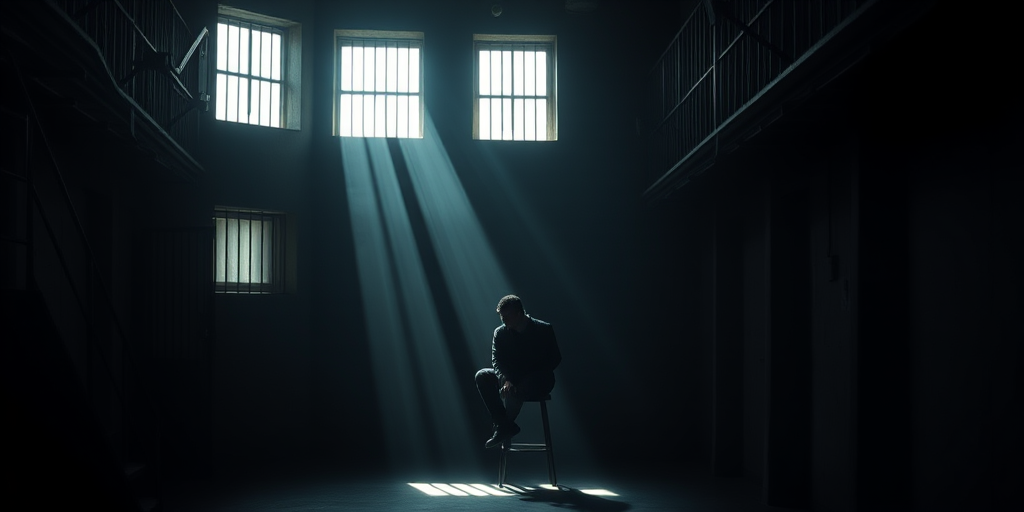 a solitary figure sitting on a stool in a dimly lit prison cell, shafts of light streaming through barred windows, shadows creating a dramatic contrast, 50mm lens, f/1.8 aperture, ISO 200, soft focus, high dynamic range, shot in natural light, digital camera