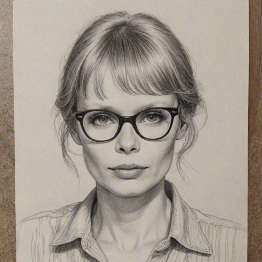 Comely Mia Farrow, pencil sketch, portrait of Pleasing woman 1969s in glasses, hair style beatnik, outline, clear lines, fine lines, 8k