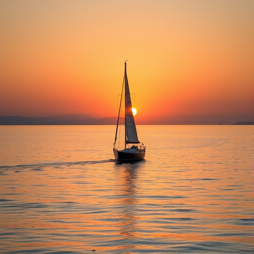 Regenerate an image of a sailing boat on calm waters with a distant shoreline, captured at sunrise, using a DSLR camera, 50mm lens, aperture f/2.8, ISO 100, shutter speed 1/200s, in landscape orientation with a shallow depth of field to enhance image quality.