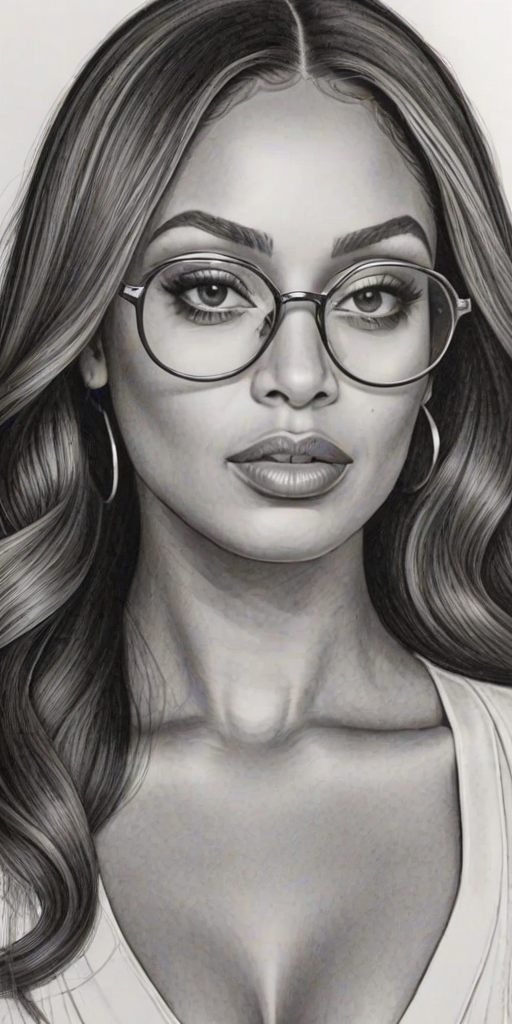 Graceful La La Anthony, pencil sketch, portrait of Elegant woman 1969s in glasses, hair style beatnik, outline, clear lines, fine lines, 8k