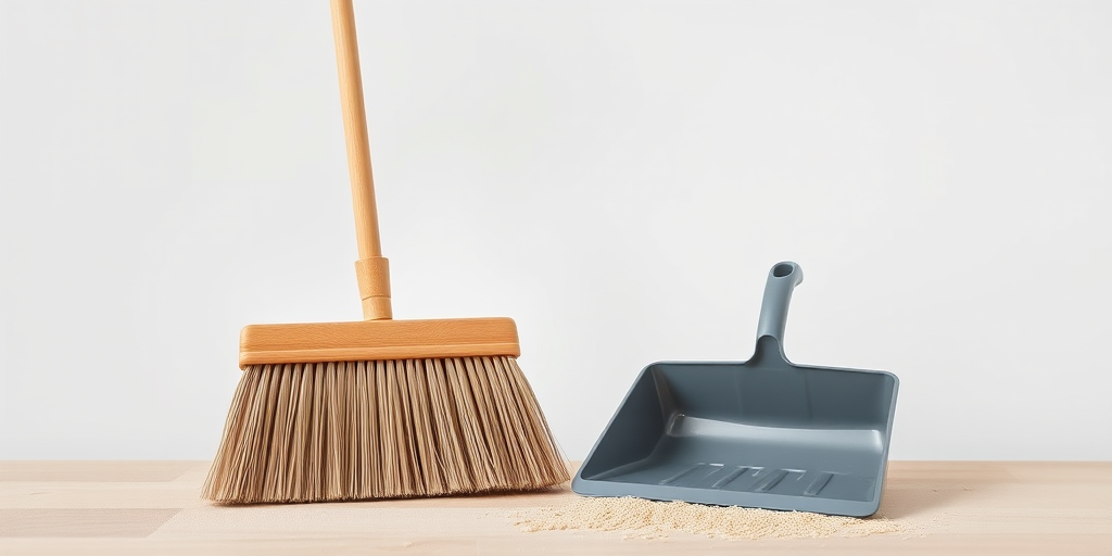 Create a high-resolution image of a broom and a dustpan set against a plain background, captured with a Canon EOS R5 camera at f/2.8, ISO 100, shutter speed 1/200s, in a natural lighting setup, with a close-up view to emphasize texture and detail.
