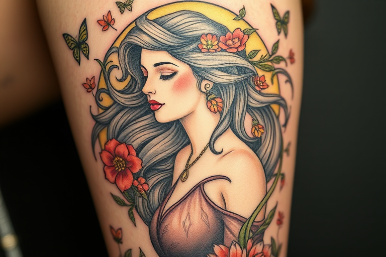 Art Nouveau-inspired tattoo named "Moonlit Serenade" depicting an elegant woman with flowing hair surrounded by whimsical flora and fauna, incorporating sinuous lines and muted color palette