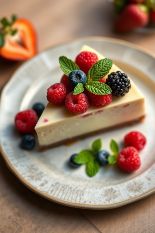capture an elegant slice of cheesecake topped with mixed berries and mint leaves on a textured plate, natural light, 50mm lens, f/2.8 aperture, ISO 100, shallow depth of field, DSLR camera, top-down view