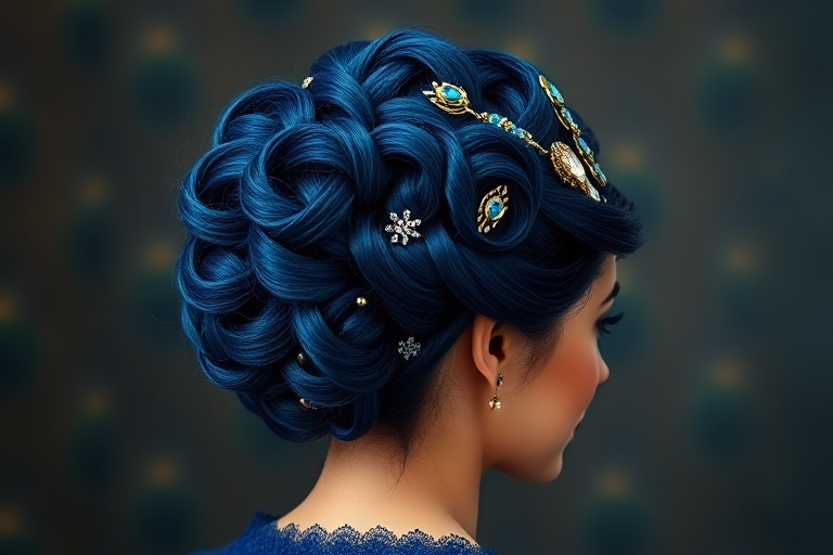 Regal sapphire blue updo known as Royal Peacock incorporating elaborate twists and coils adorned with iridescent feather accents and glittering gemstone hair pins fit for royalty