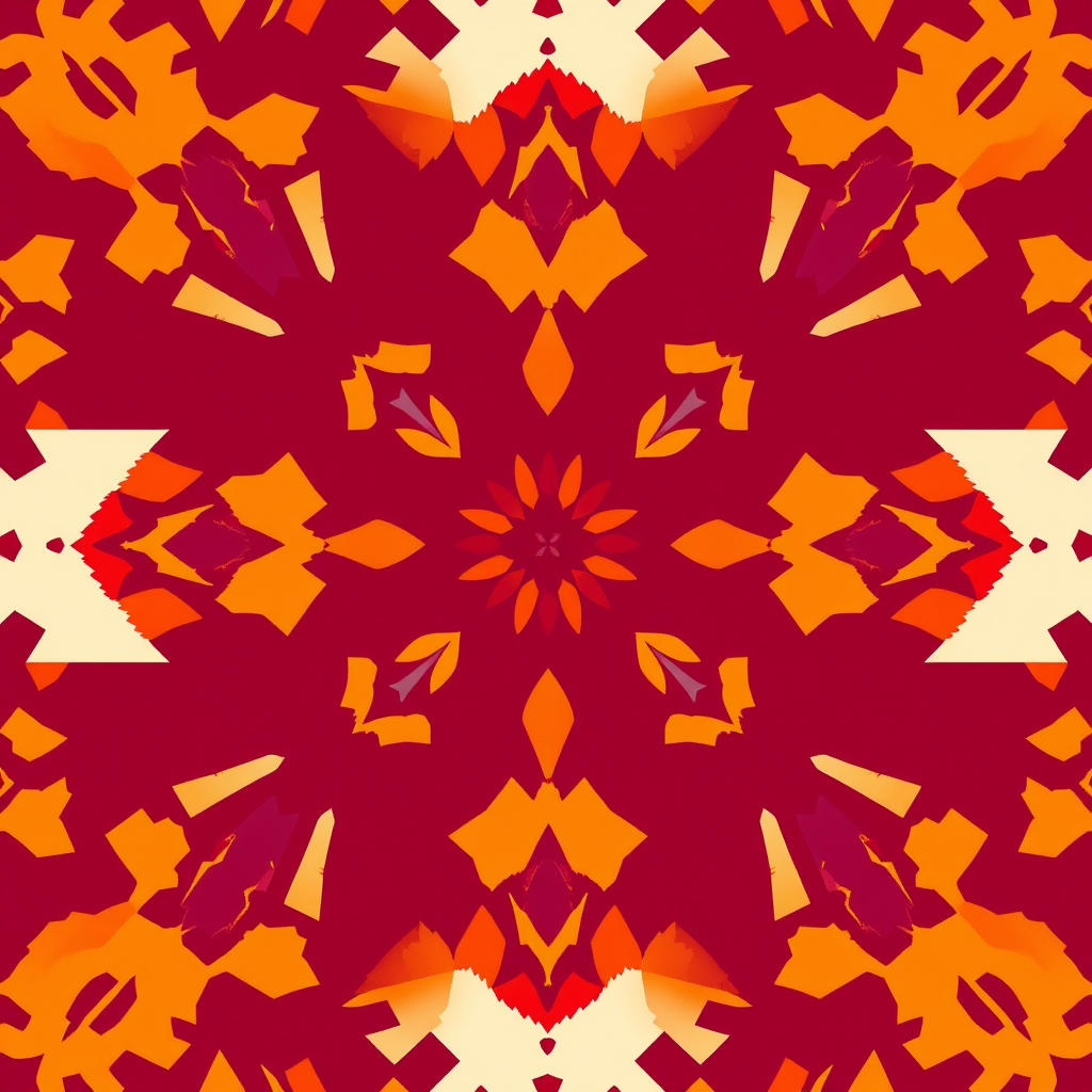 Create a vibrant tribal pattern with alternating geometric shapes in warm colors like coral, orange, and purple against a deep burgundy background, using a high-resolution DSLR camera with a 50mm lens, aperture set to f/8, ISO 100, and soft natural lighting for enhanced color depth and clarity.