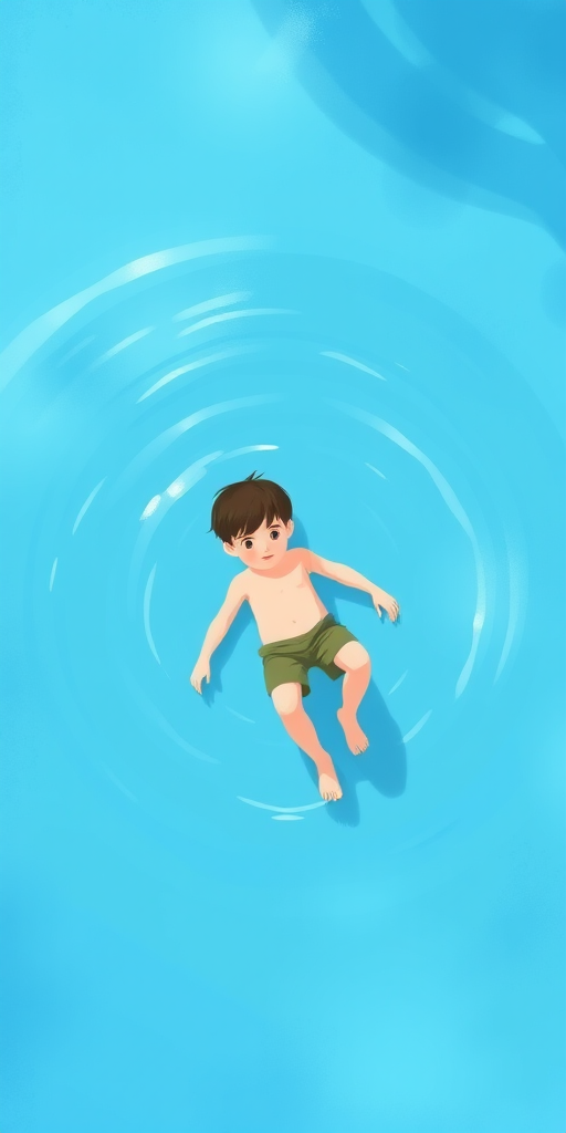 Create an illustration of a boy floating in water, captured from a slightly elevated angle, using a soft focus lens with an aperture of f/2.8, ISO 100, and a shutter speed of 1/250s, emphasizing vibrant blue water and subtle ripples around him, in a minimalist art style.