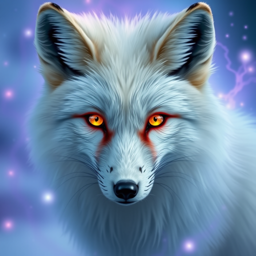 Create a highly detailed digital artwork of a majestic Arctic fox with striking golden eyes, surrounded by ethereal blue and purple magical aura, using a Canon EOS R5 with a 50mm f/1.2 lens, aperture set to f/2.8, ISO 100, in soft lighting for enhanced clarity and depth.