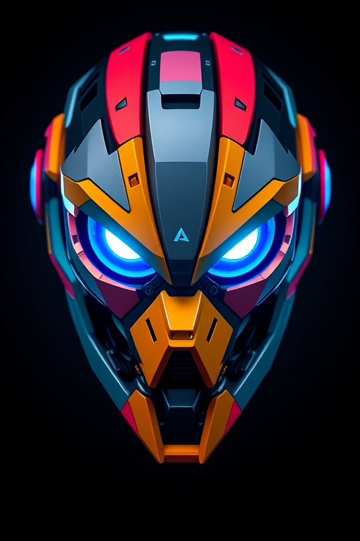 A futuristic robotic head design with vibrant colors and glowing blue eyes, featuring angular shapes and intricate details, captured in high resolution with a DSLR camera, 50mm lens, f/1.8 aperture, ISO 100, focusing on a shallow depth of field, using a softbox for even lighting, and a dark gradient background for contrast.