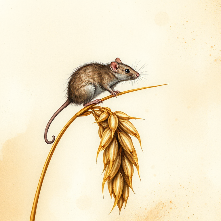 Soft, muted Alcohol Ink with ebru effect background image of tiny whimsical rat, who climbed high on the top of a golden rye ear.