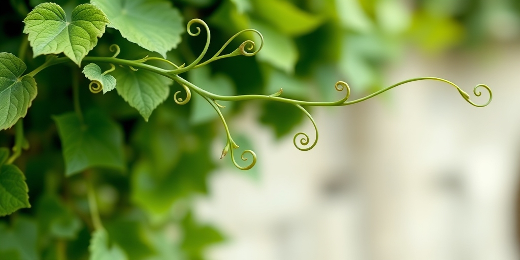 Create a high-resolution illustration of a stylized green vine with curls and buds, using a 50mm lens at f/2.8, shot from a close-up perspective, with a shallow depth of field for a soft background, in a vector graphic style.