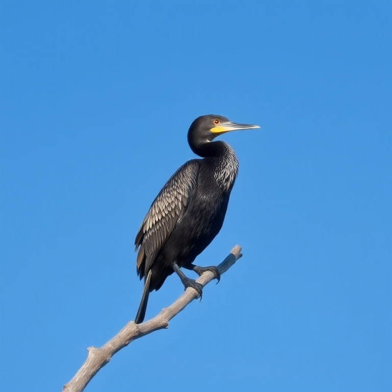 capture a cormorant perched on a branch against a clear blue sky, with a Canon EOS R5 camera, 100mm lens, f/4 aperture, ISO 200, 1/1000 sec shutter speed, natural light, sharp focus on the bird with a slightly blurred background