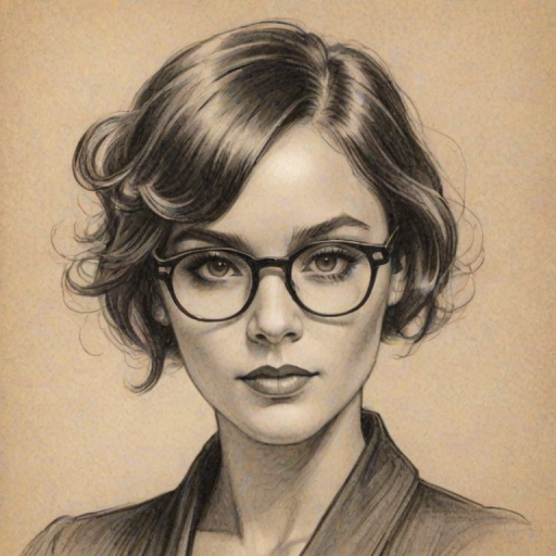 Enticing Janelle Mon'e, pencil sketch, portrait of Appealing woman 1924s in glasses, hair style beatnik, outline, clear lines, fine lines, 8k