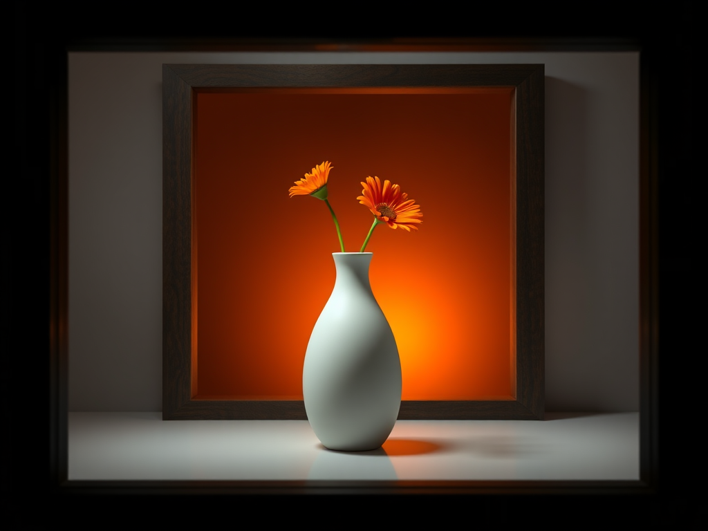 Create a high-resolution image of a white vase with a single orange flower, framed within a dark wooden rectangular border, illuminated by a warm orange glow in the background; settings: aperture f/2.8, shutter speed 1/60s, ISO 100; view: eye level, style: minimalist, type: digital SLR.