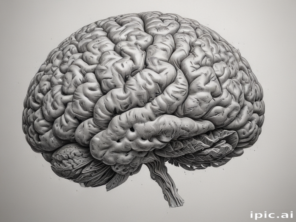 Intricate Black and White Illustration of a Human Brain with Detail