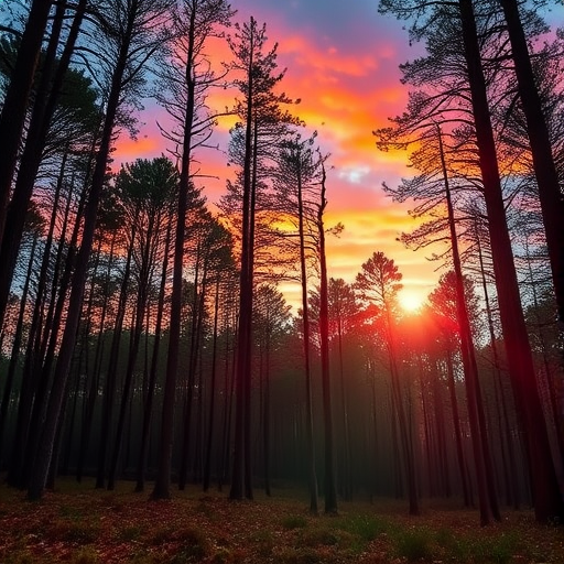 Create a high-resolution image of a serene forest landscape at sunset, with vibrant colors in the sky and sunlight filtering through the trees, using a Canon EOS R5 with a 24-70mm f/2.8 lens, aperture at f/11, ISO 100, shutter speed at 1/125s, shot from a low angle to enhance depth and perspective.