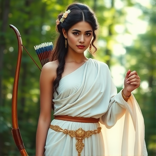 Create a portrait of a goddess-like Aymara girl figure in a tranquil, forested environment. She has an elegant appearance with long, wavy hair styled in an updo and adorned with a delicate, floral headband. She wears a flowing, ancient Greek-inspired gown in a soft, pale color, featuring a one-shoulder design and draped fabric that accentuates her graceful form. The outfit includes a decorative belt with ornate gold detailing, and she holds a bow in her hand, with a quiver of arrows slung over her shoulder. The background depicts lush greenery, with sunlight filtering through the trees, casting a gentle, ethereal light on the scene. Her expression is calm and contemplative, embodying a sense of wisdom and serenity.