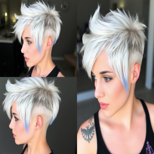 Striking platinum blonde pixie cut with edgy, asymmetrical layers and a buzzed undercut, accented by electric blue streaks for a bold and futuristic "Cyber Frost" appearance
