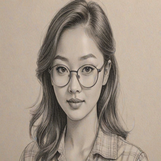 Captivating Lana Condor, pencil sketch, portrait of Lovely woman 1947s in glasses, hair style beatnik, outline, clear lines, fine lines, 8k