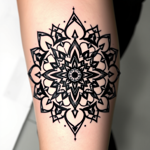 Geometric blackwork tattoo called "Sacred Symmetry" incorporating precise shapes and patterns to form a large-scale mandala design with negative space elements, creating a striking contrast on the skin