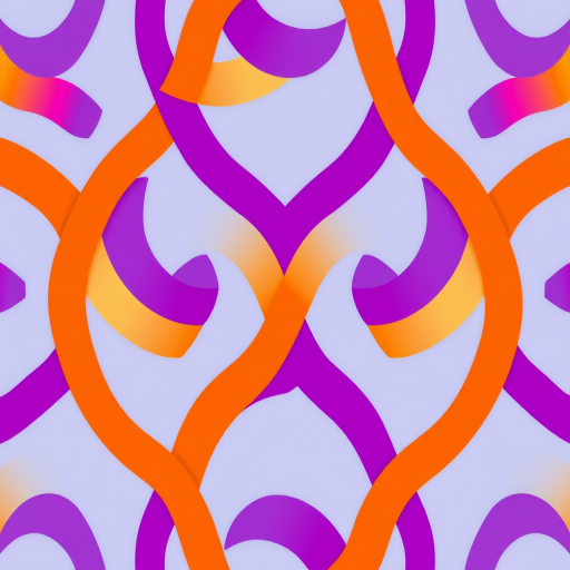 Create a vibrant geometric pattern featuring interlocking S shapes in shades of purple and orange, using a Canon EOS R5 with a 50mm lens, f/2.8 aperture, ISO 100, shot from a top-down view in high-resolution.