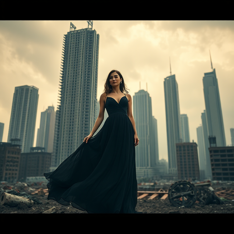 Generate a high-quality portrait of a woman in a flowing dark gown standing amidst a post-apocalyptic urban landscape with skyscrapers in ruins, using a Canon EOS R5 camera with a 50mm lens, aperture set to f/1.8, ISO 400, and a shallow depth of field for a moody, atmospheric look.