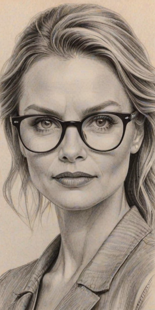 Gorgeous Michelle Pfeiffer, pencil sketch, portrait of Graceful woman 1949s in glasses, hair style beatnik, outline, clear lines, fine lines, 8k