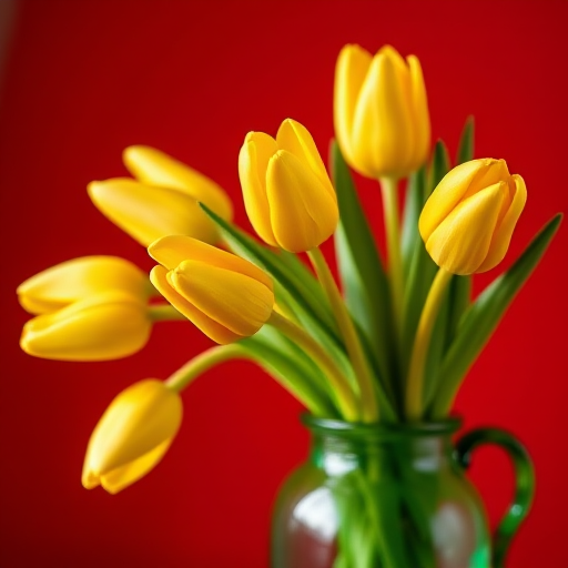 close-up shot of yellow tulips in a green vase on a red background with soft lighting, ISO 100, f/4, 1/60s, 50mm lens, DSLR camera, portrait orientation, high dynamic range.
