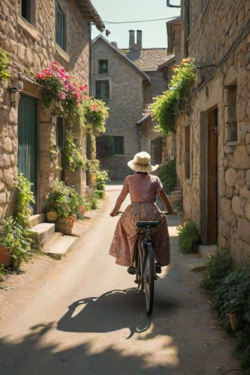 Dusty village road in the midday sun, a woman rides a vintage bicycle, her flowing skirt trailing behind as she passes by old stone houses with flower-filled windowsills.