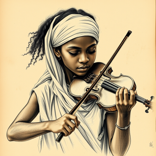 a young Nubian woman with a white headband playing a violin, in the style of a charcoal drawing, sepia grunge background