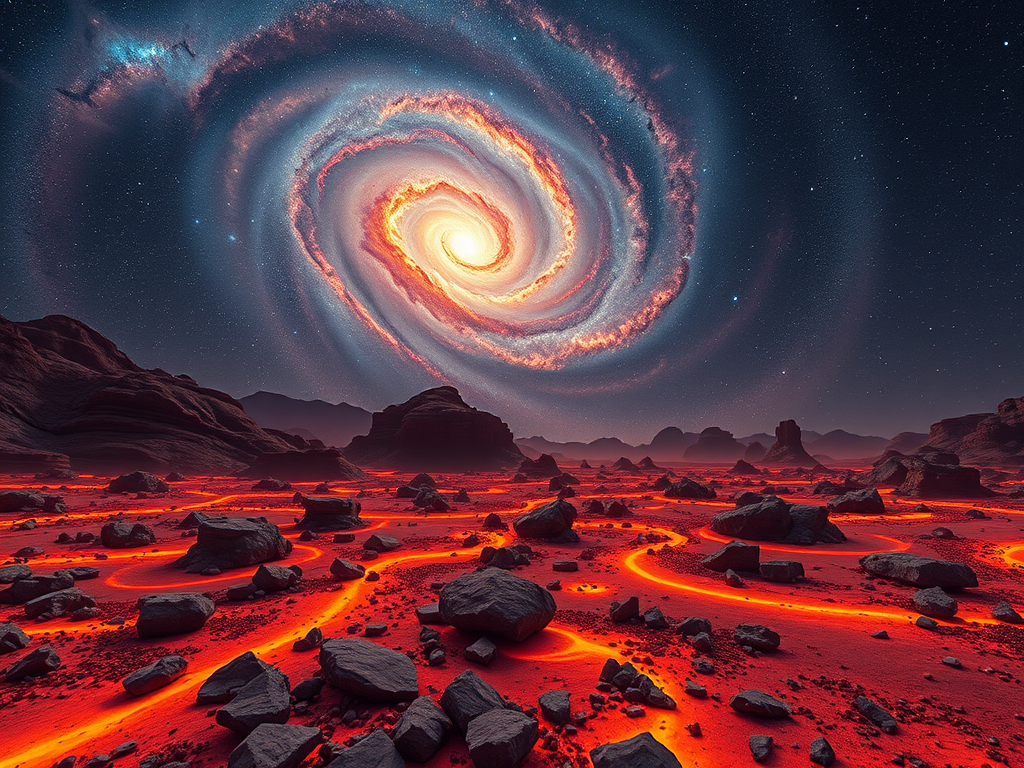 Create a high-resolution image of a fiery alien landscape with a swirling galaxy in the sky above, captured with a Canon EOS R5, 24mm lens, f/8 aperture, 1/125 sec shutter speed, ISO 100, using a wide-angle view to emphasize the dramatic contrast between the hot terrain and the celestial phenomenon.