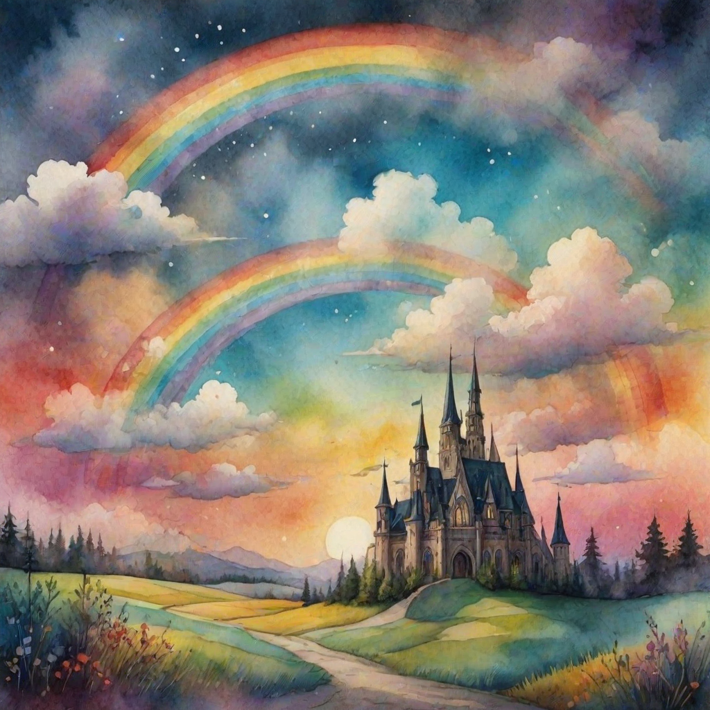 A whimsical and surreal sky with a vibrant rainbow, featuring dramatic lighting effects and a textured watercolor background, with a touch of gothic aesthetic.