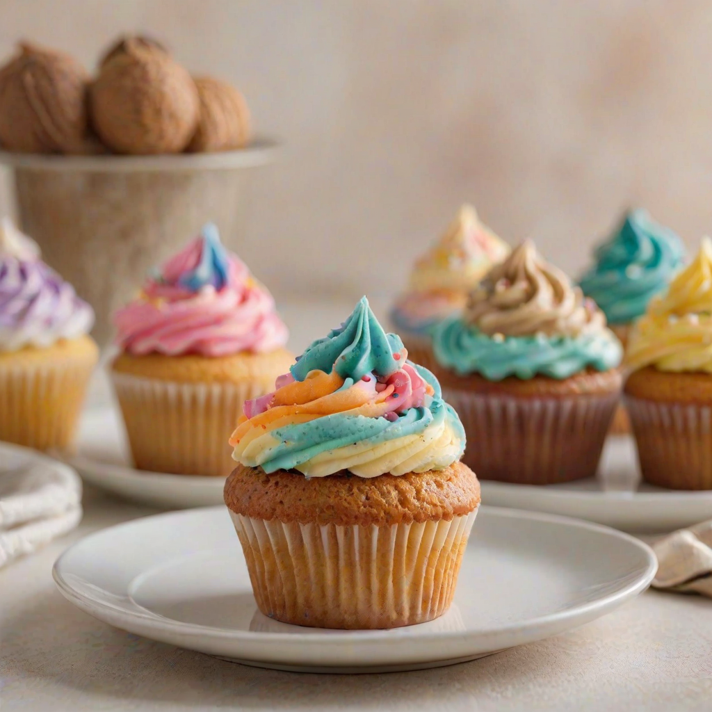 Close-up of a delicate cupcake decorated with colorful frosting, soft natural light highlighting the details, with a plate of assorted desserts softly blurred in the background.