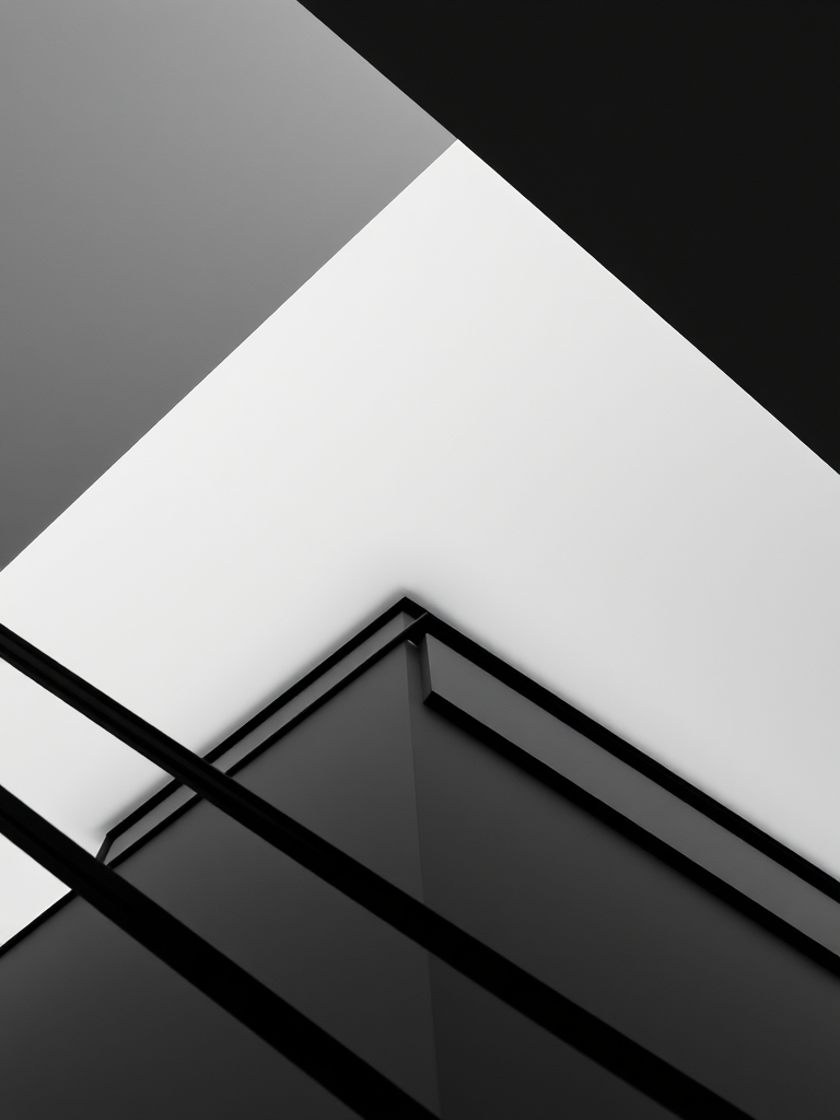 Create a high-contrast black and white geometric design with sharp lines and angles, using a Canon EOS R5 with a 50mm f/1.2 lens, aperture set at f/8, ISO 100, and a shutter speed of 1/250s, captured from a low angle for dramatic perspective.