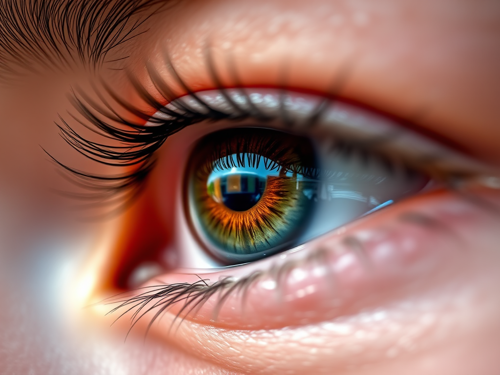 close-up shot of a human eye with intricate details and vibrant colors, f/1.8 aperture, ISO 100, 85mm lens, soft focus background, natural lighting, DSLR camera