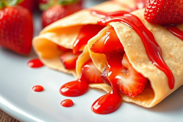 Create a vibrant digital illustration of a dessert crepe filled with strawberries and drizzled with strawberry sauce, using a close-up view with soft focus background, in high resolution, employing a digital drawing style and a tablet camera setting with a bright color palette and enhanced shading.