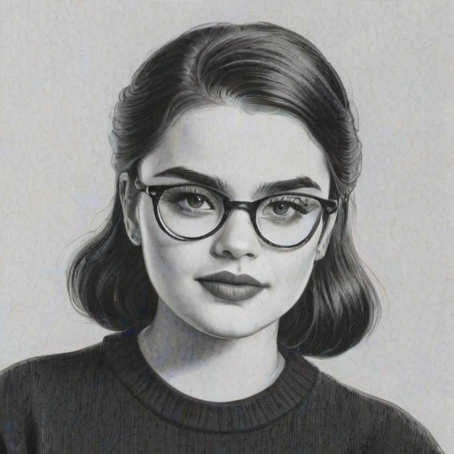 Lovely Barbie Ferreira, pencil sketch, portrait of Comely woman 1934s in glasses, hair style beatnik, outline, clear lines, fine lines, 8k