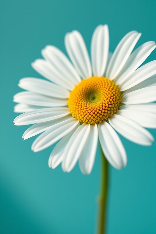Create a close-up shot of a white daisy with a yellow center against a soft gradient teal background, using a Canon EOS R5 camera, f/2.8 aperture, 50mm lens, ISO 100, natural light, and a shallow depth of field for artistic effect.