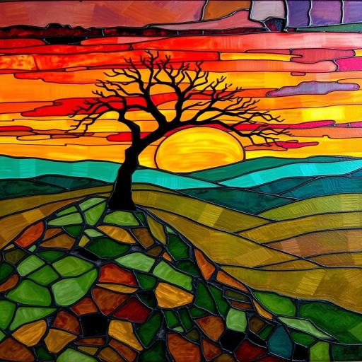 A vibrant abstract painting on Tiffany Glass, blending acrylic and alcohol ink techniques, captures a dramatic sunset over rolling hills. The artwork features a textured, rocky foreground in green and brown, layered abstract hills, and a striking sunset in rich oranges, yellows, and reds. A solitary black tree with intricate branches contrasts against the fiery sky, creating a dynamic and expressive portrayal of a breathtaking natural scene.