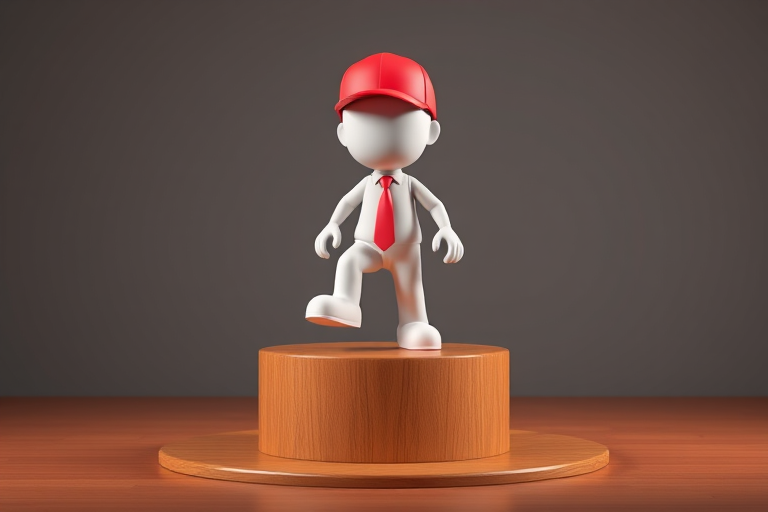 Create a 3D rendering of a cartoon figure wearing a red cap and a tie, stepping on a wooden podium with a smooth texture, using a DSLR camera with a 50mm lens, aperture f/1.8, ISO 100, and a shallow depth of field, in a well-lit studio setting.