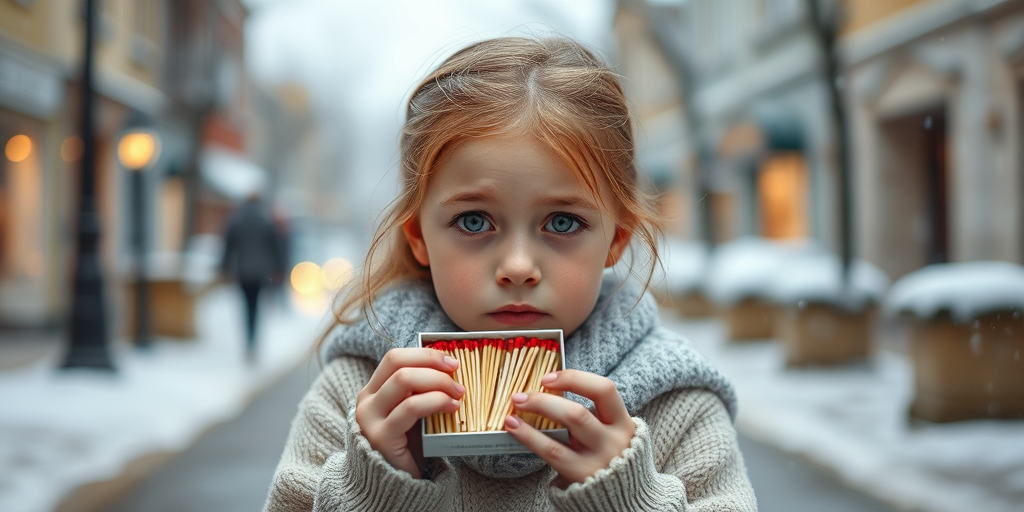 A young girl with sad eyes holding a box of matches in a snowy street, soft focus for a dreamy effect, using a Canon EOS R5 with an 85mm f/1.2 lens at 1/200s, ISO 100, natural lighting.