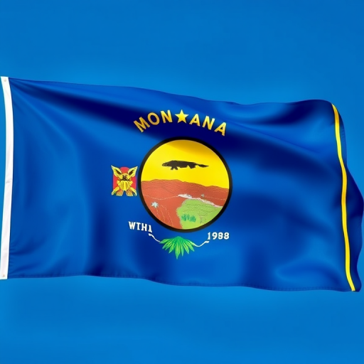 Create a high-resolution image of the Montana state flag with a vivid blue background, featuring the state seal prominently in the center, captured with a DSLR camera at f/8 aperture, 50mm lens, 1/125 shutter speed, and natural lighting to enhance color vibrancy and detail.