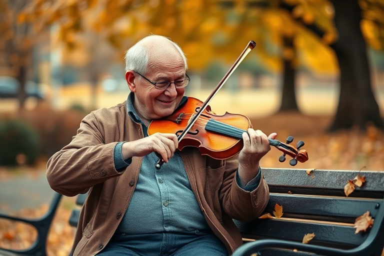 Softly focused image of an elderly man playing a violin on a park bench, surrounded by golden autumn leaves, with a soft, distant smile on his face as he plays.