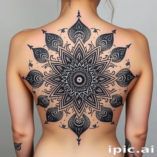 Dotwork mandala tattoo titled "Cosmic Bloom" featuring an intricate floral mandala design expanding from the center of the back, gradually transitioning from dense black dotwork to sparse constellations and star patterns, creating a mesmerizing fade effect that mimics the vastness of space